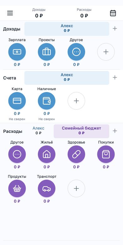 Пример главной MaNi: источники доходов, личные счета и категории семейных расходов